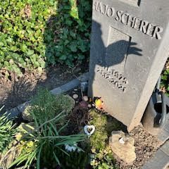 Porträt von Conny Scherer, Trauerbegleiterin aus Trier. Sie blickt freundlich in den Himmel. Im Hintergrund ist eine Wand.